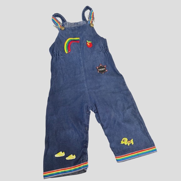 Vintage Styled By The Shepherd Baby‎ Rainbow Overalls Denim Patches 18M Apple - Picture 1 of 12